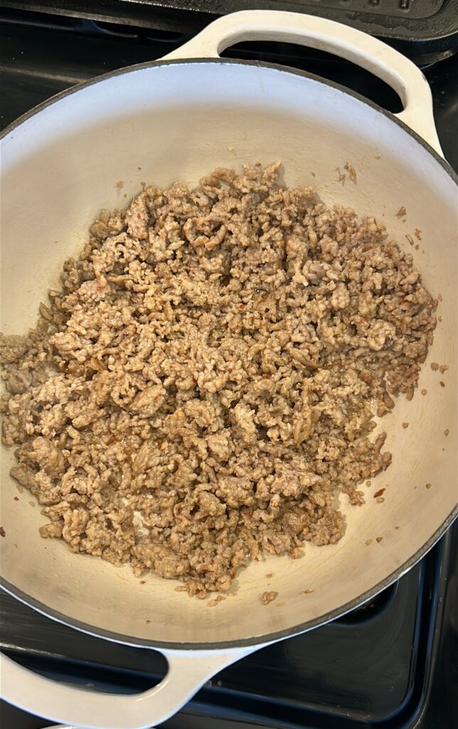 Browning Italian sausage for traditional pasta fagioli