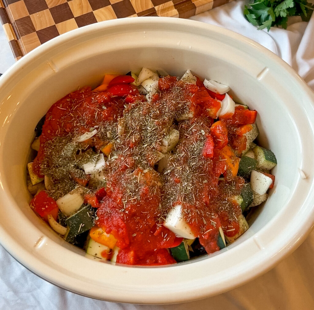 Vegetables added to crockpot for ratatouille