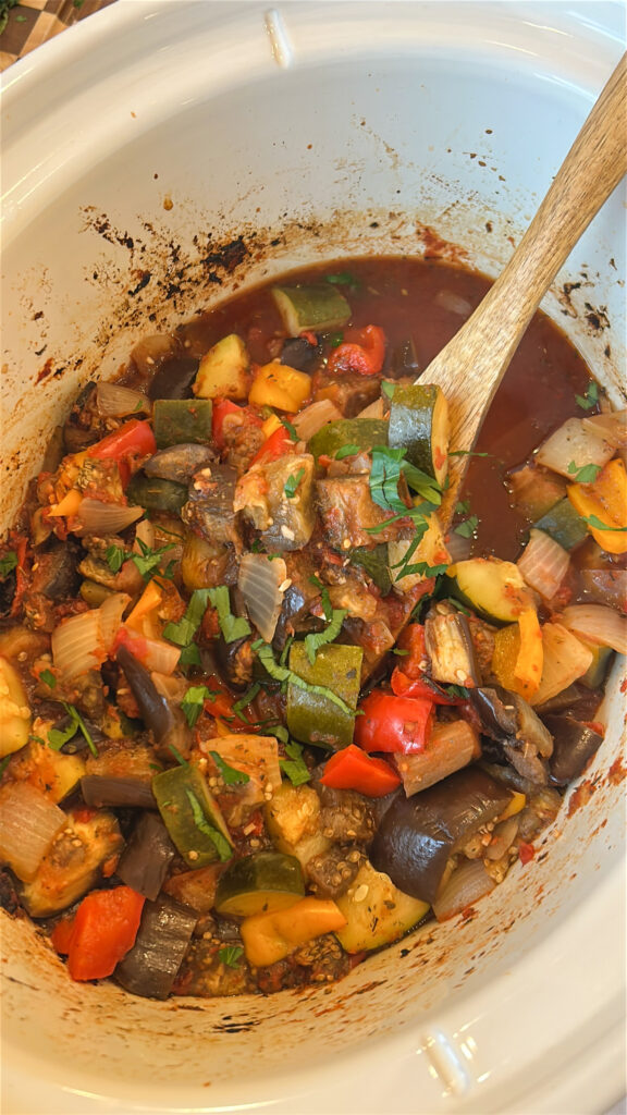 Slow cooked crockpot ratatouille after cooking