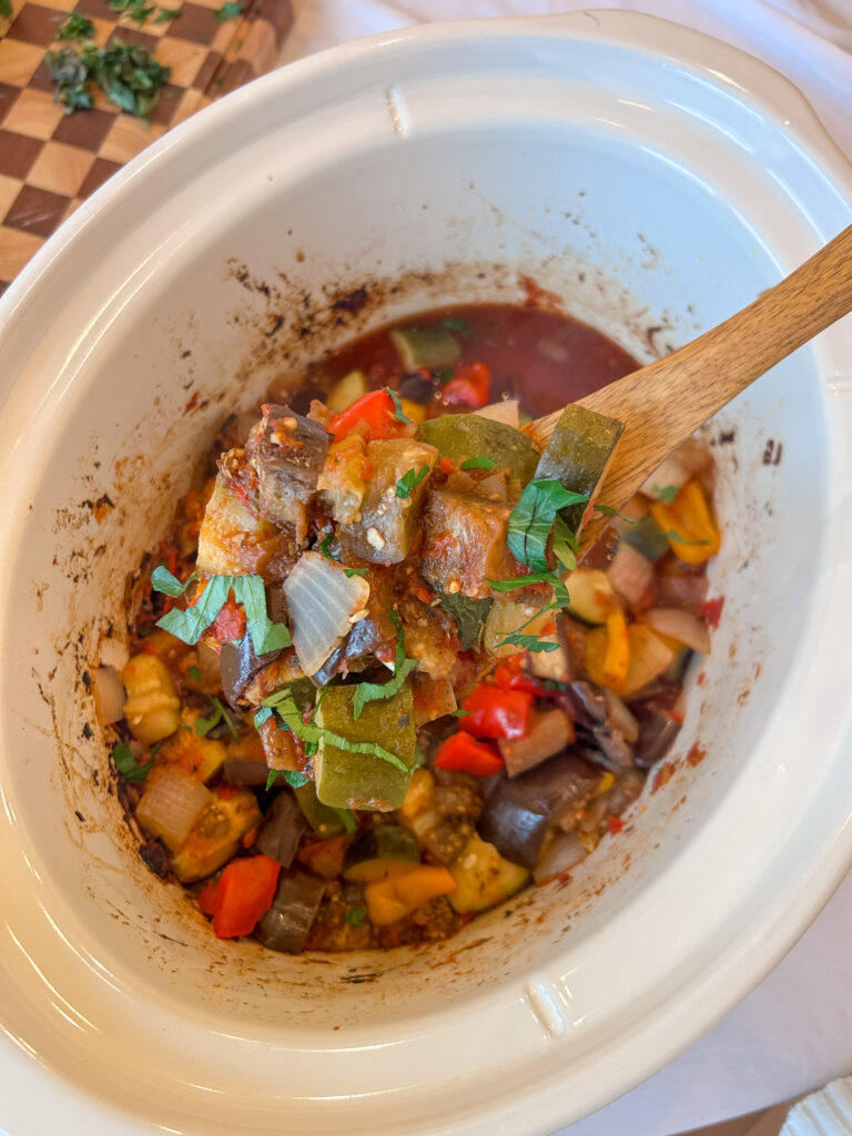 Close up of crockpot ratatouille with eggplant and zucchini