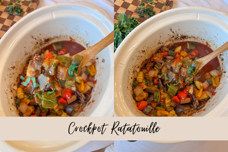 Crockpot ratatouille in a slow cooker with vegetables