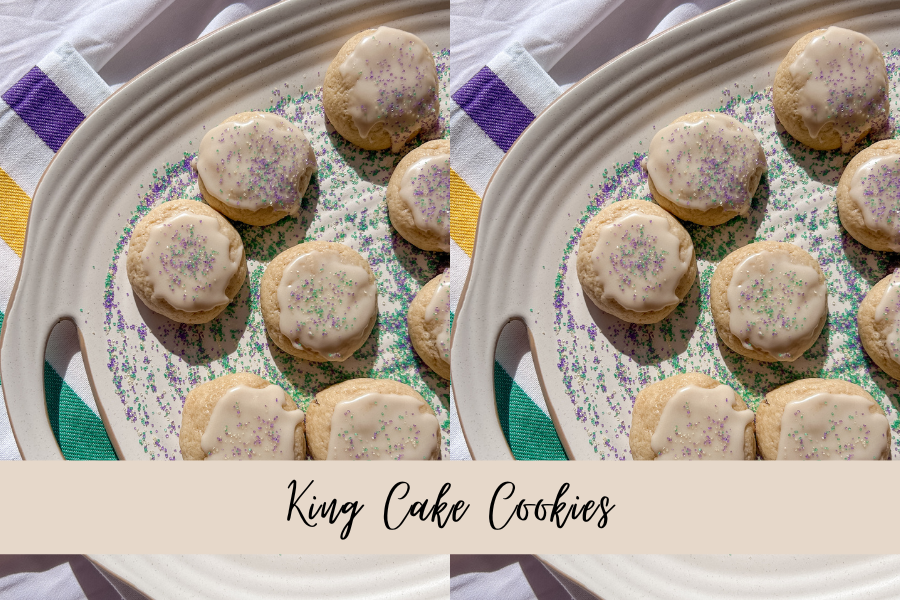 king cake cookies with icing and sprinkles