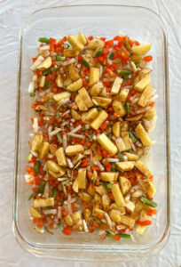 Chopped vegetables before roasting for breakfast burritos