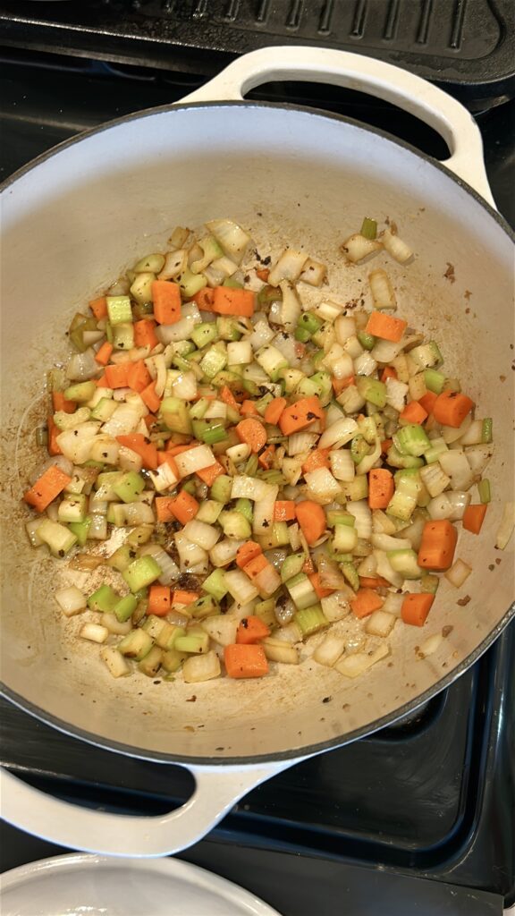Sautéing onion, celery, and carrots for pasta fagioli