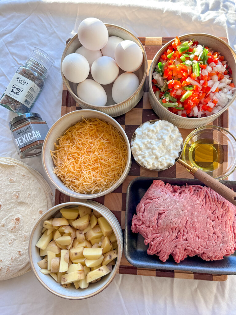 Ingredients needed for sheet pan breakfast burritos