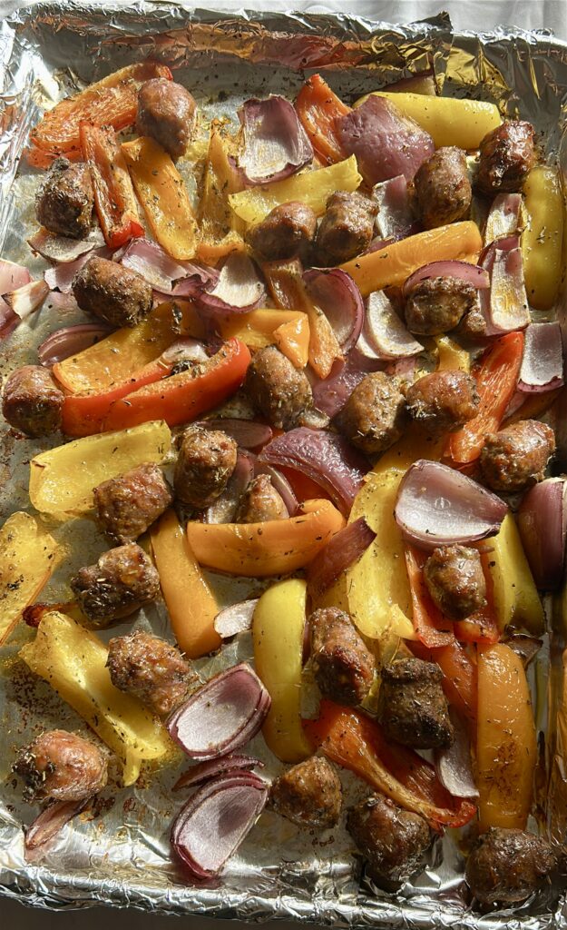 sheet pan sausage peppers and onions roasted and caramelized