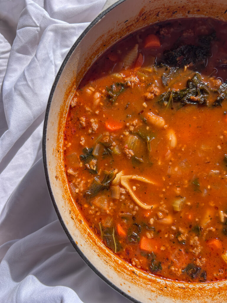 Traditional pasta fagioli finished in a Dutch oven