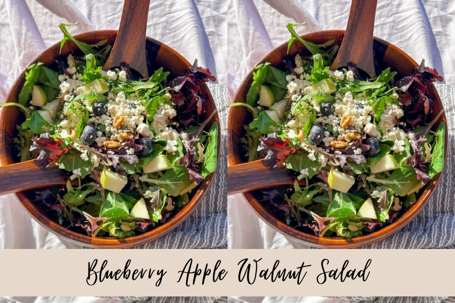 blueberry apple salad with feta, blueberries, apples and walnuts in a wood bowl