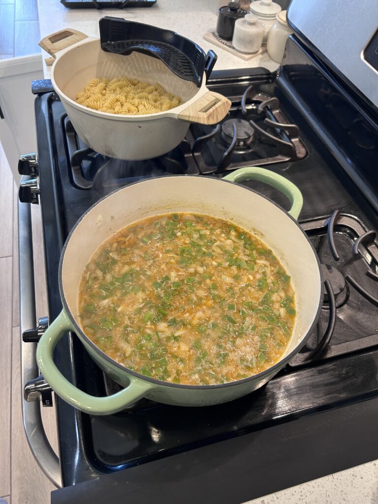 Cooking rotini pasta for Crawfish Monica