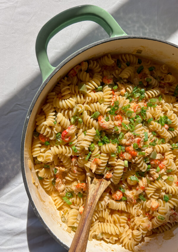 Close up of authentic Crawfish Monica with Louisiana crawfish and rotini