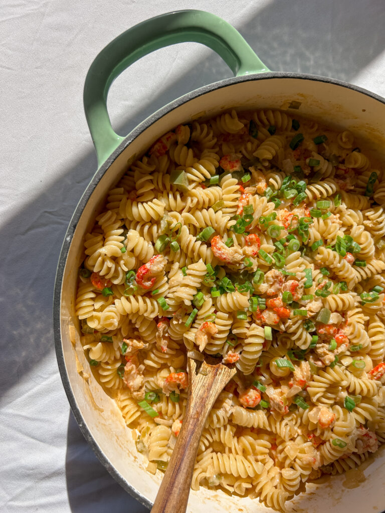 Close up of authentic Crawfish Monica with Louisiana crawfish and rotini