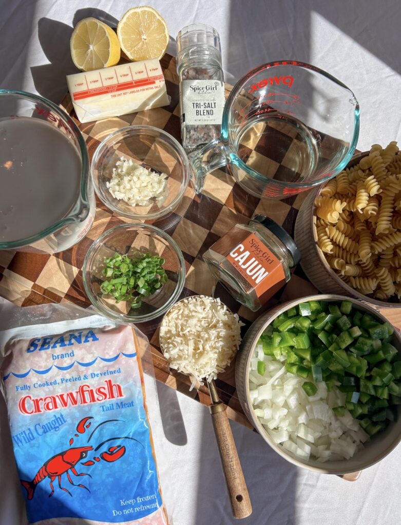 Ingredients for Crawfish Monica including Louisiana crawfish and Cajun seasoning