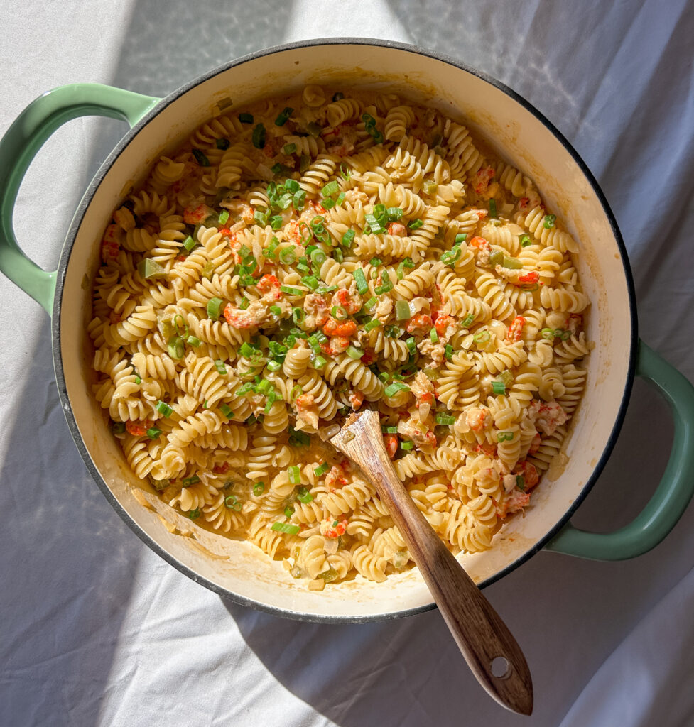Creamy Cajun Crawfish Monica pasta served in bowl