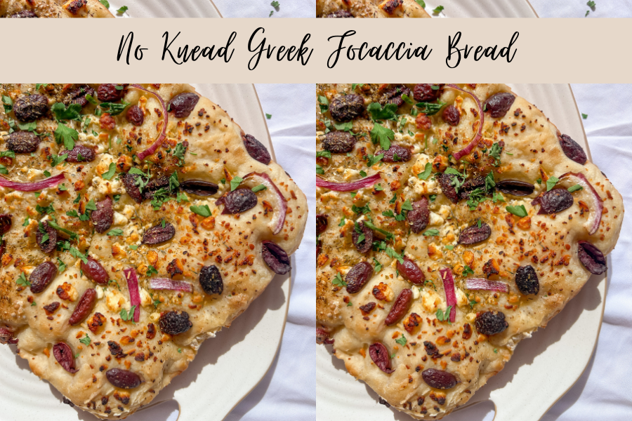 Greek focaccia bread topped with feta and Kalamata olives