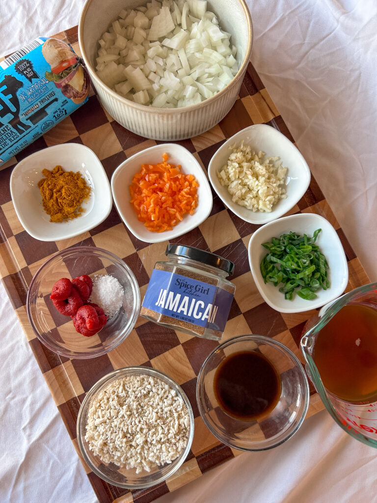 Beef filling ingredients for Jamaican meat pie recipe including ground beef and Jamaican seasoning