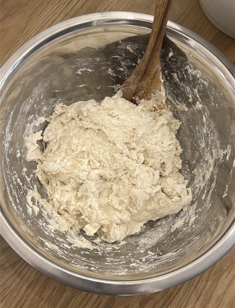 Shaggy no knead dough before first rise for Greek focaccia