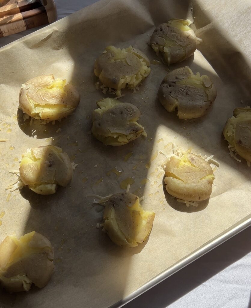 smashing boiled potatoes to 1/4 inch thickness before roasting