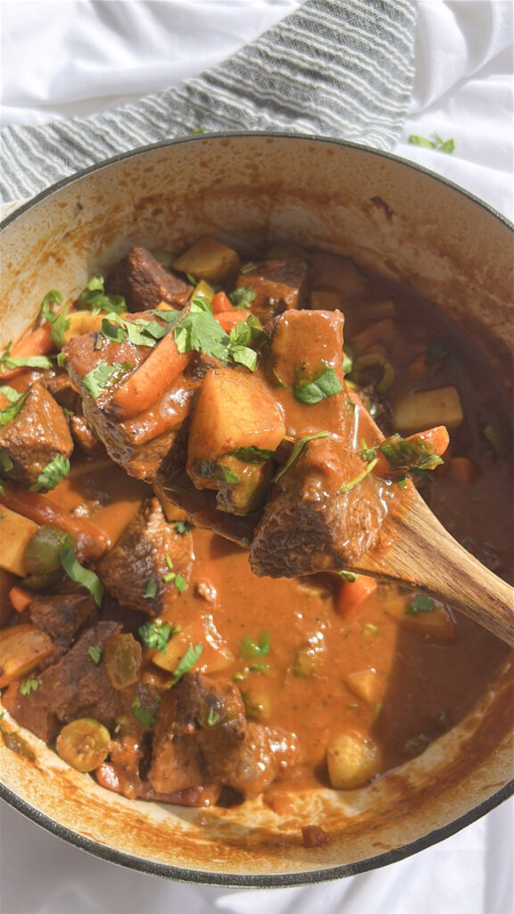 Close-up of Cuban carne guisada with tender braised beef