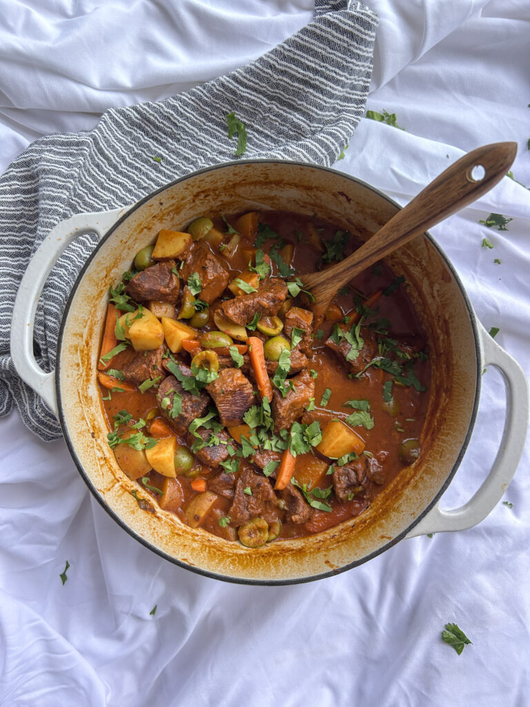Overhead view of Cuban carne guisada beef stew
