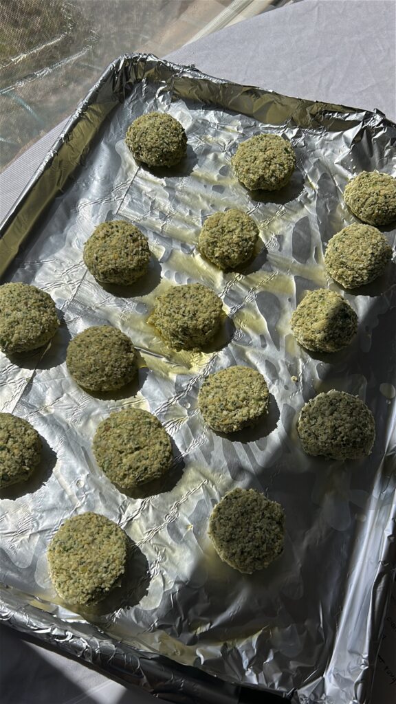 shaped falafel on baking sheet before baking