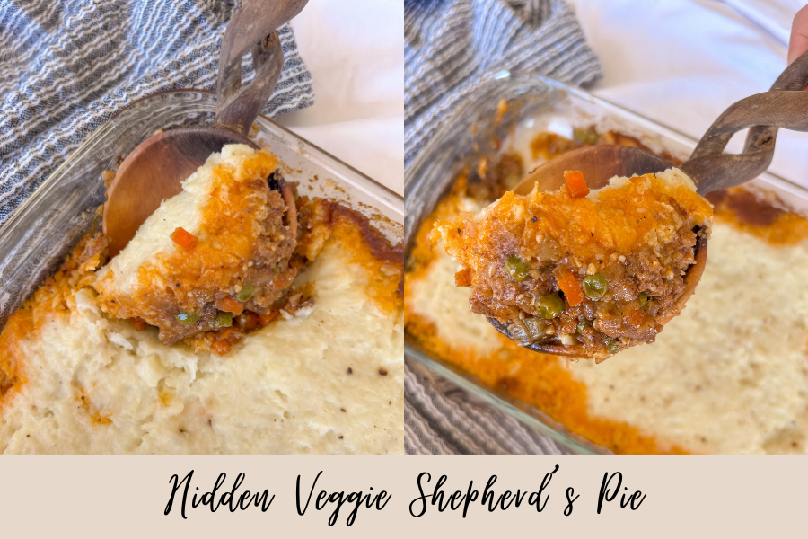 Hidden veggie shepherd’s pie with lamb and cauliflower potato mash baked until golden