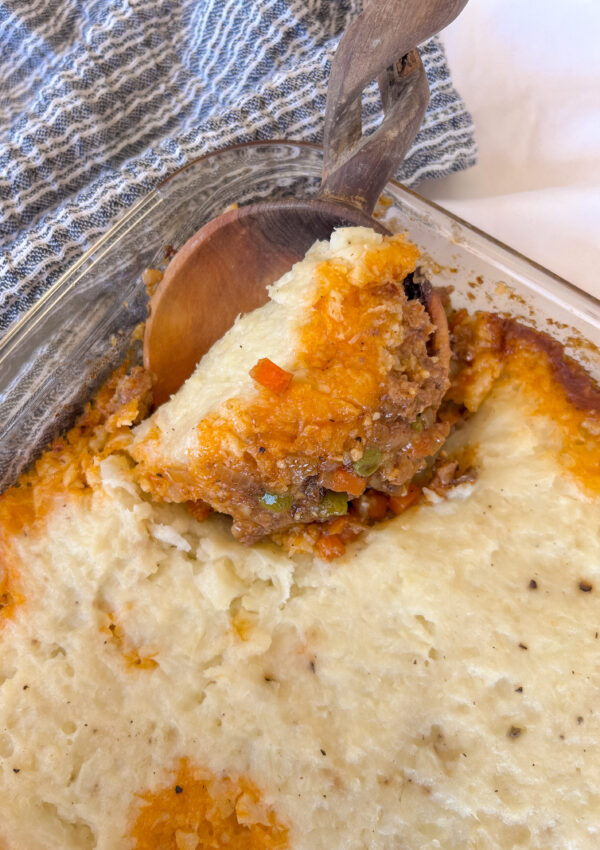 Shepherd’s pie with seasoned lamb filling and creamy cauliflower potato mash