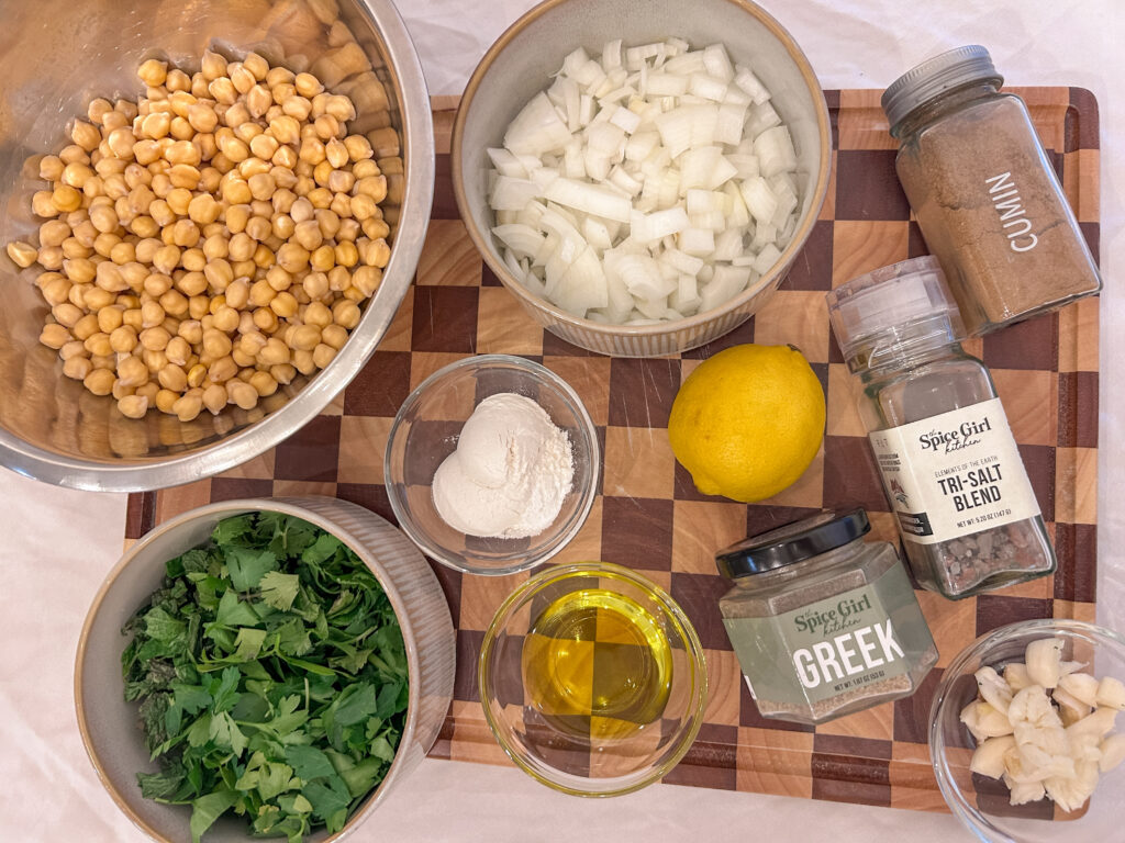 ingredients for oven baked falafel with chickpeas herbs and greek seasoning