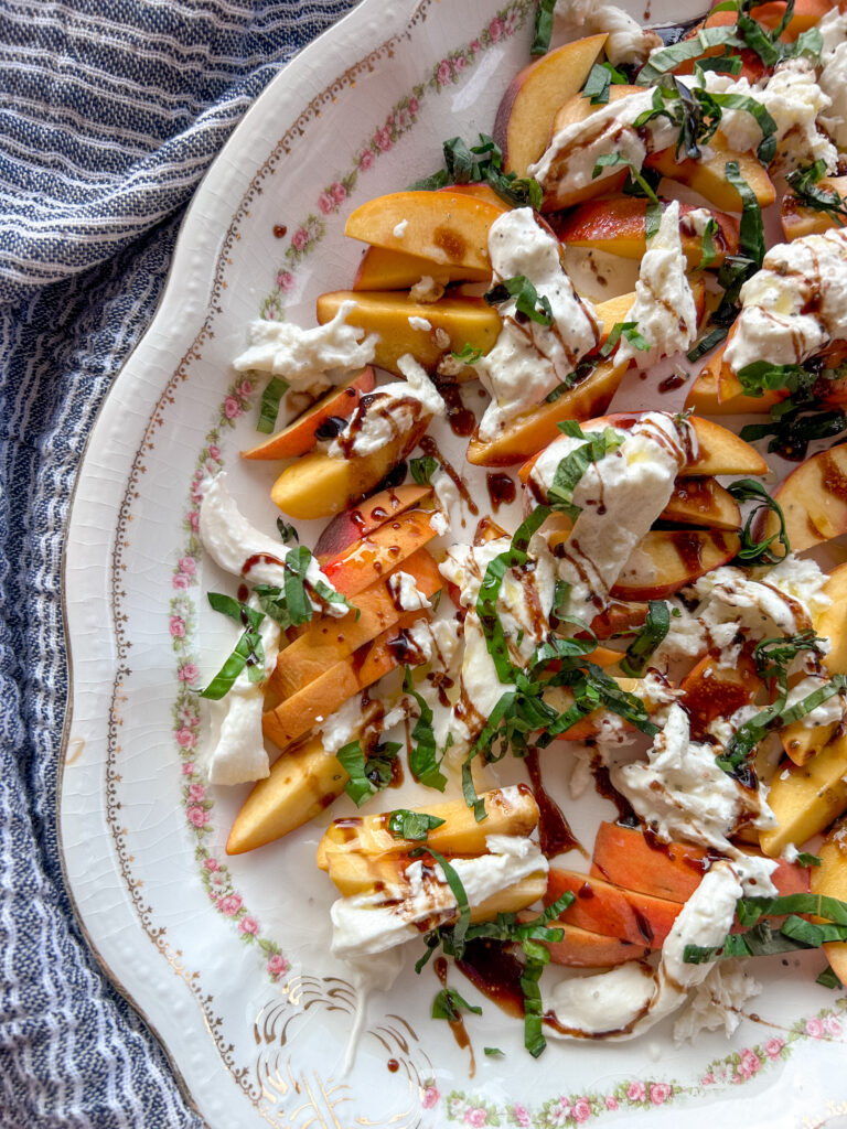 Peach Caprese Salad with burrata and basil