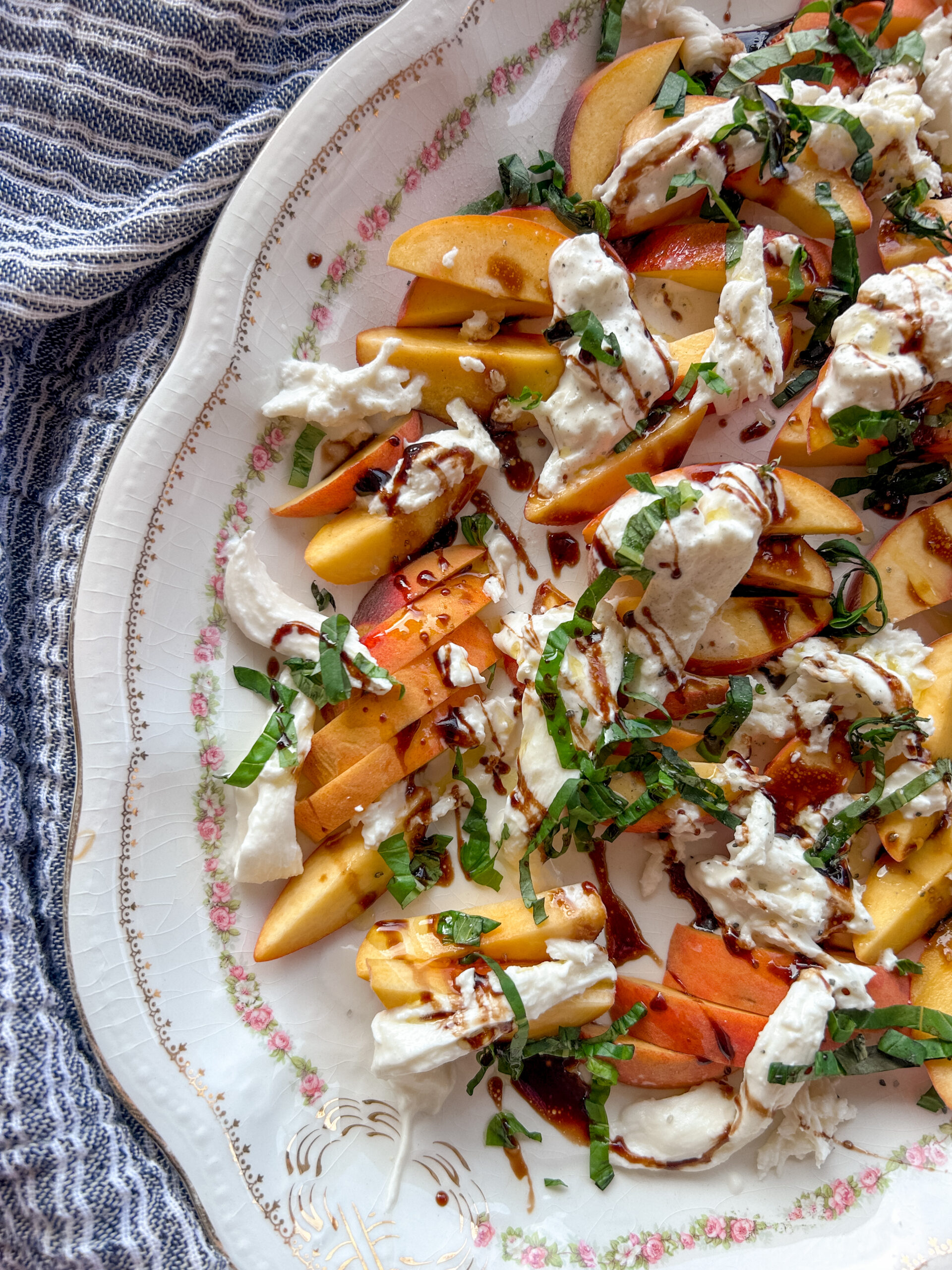 Peach Caprese Salad with burrata and basil