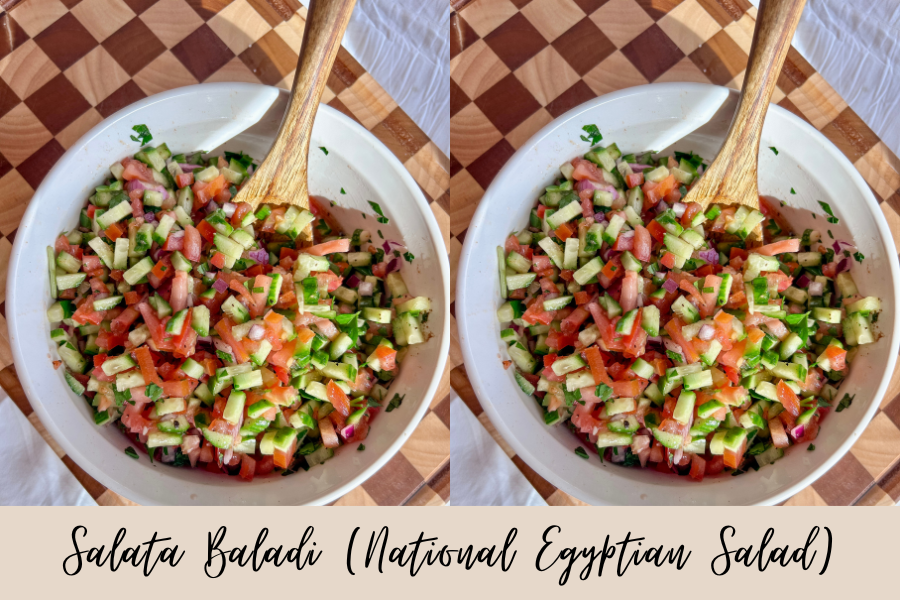 bowl of salata baladi egyptian salad with tomatoes cucumbers parsley and lemon dressing