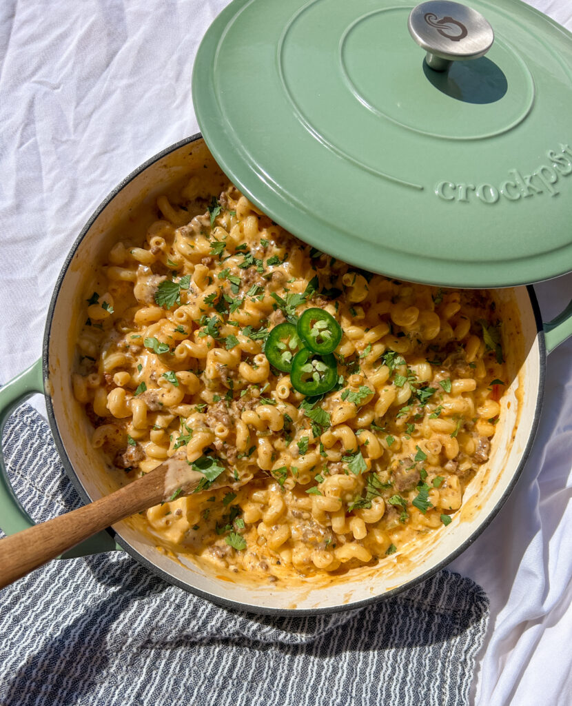 served taco mac and cheese with toppings and melted cheese
