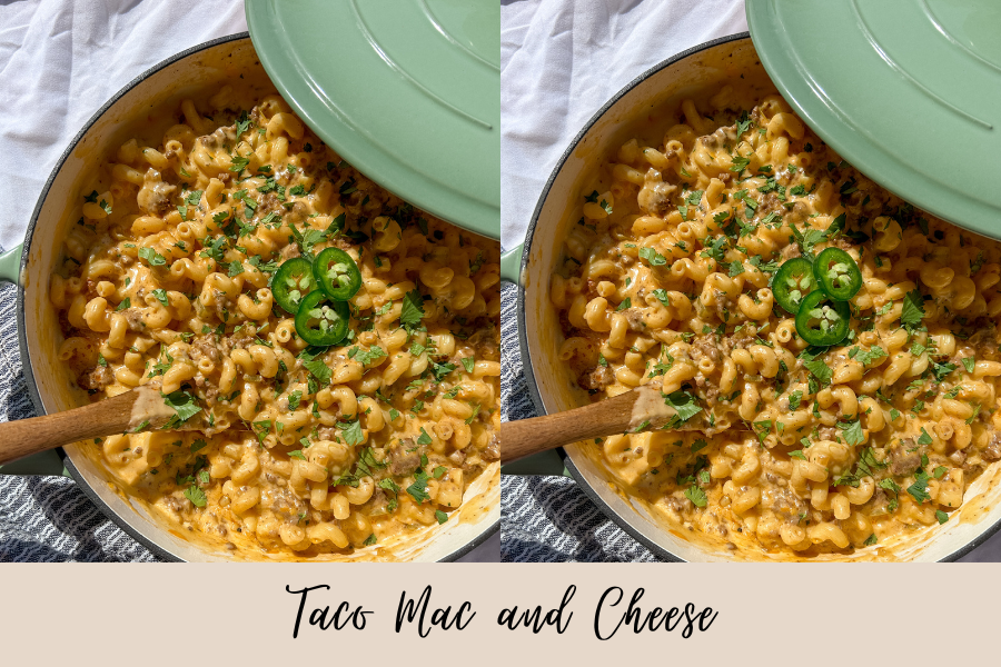 taco mac and cheese made with seasoned beef and creamy cheese sauce
