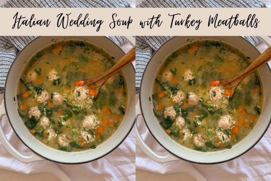 Bowl of turkey meatball wedding soup with spinach and pasta