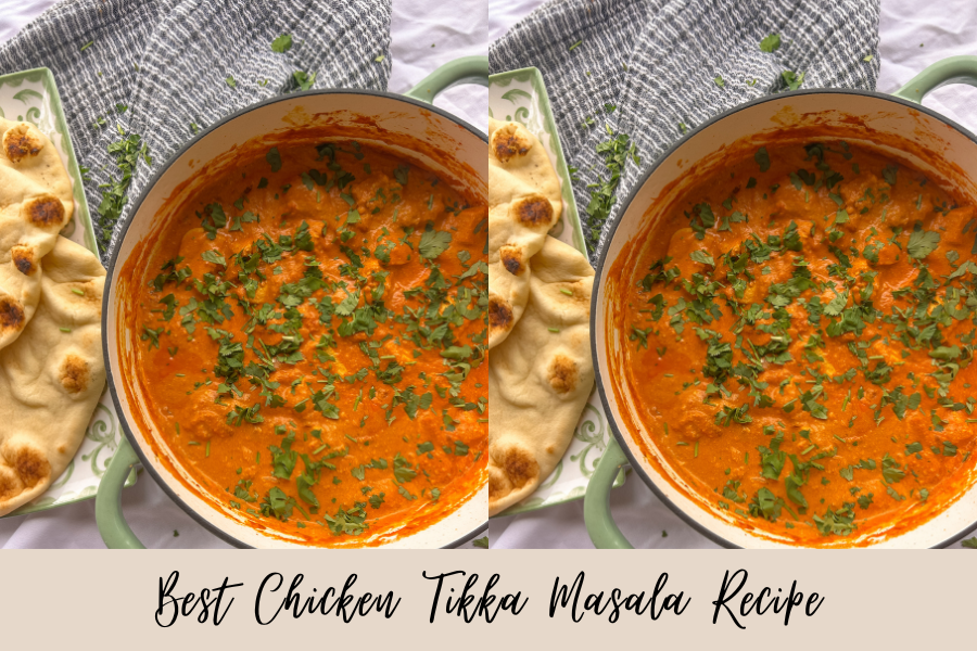 Chicken tikka masala served with naan and garnished with cilantro