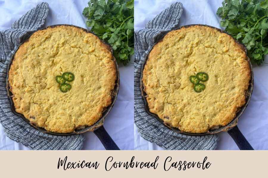 easy mexican cornbread casserole topped with cilantro and jalapenos