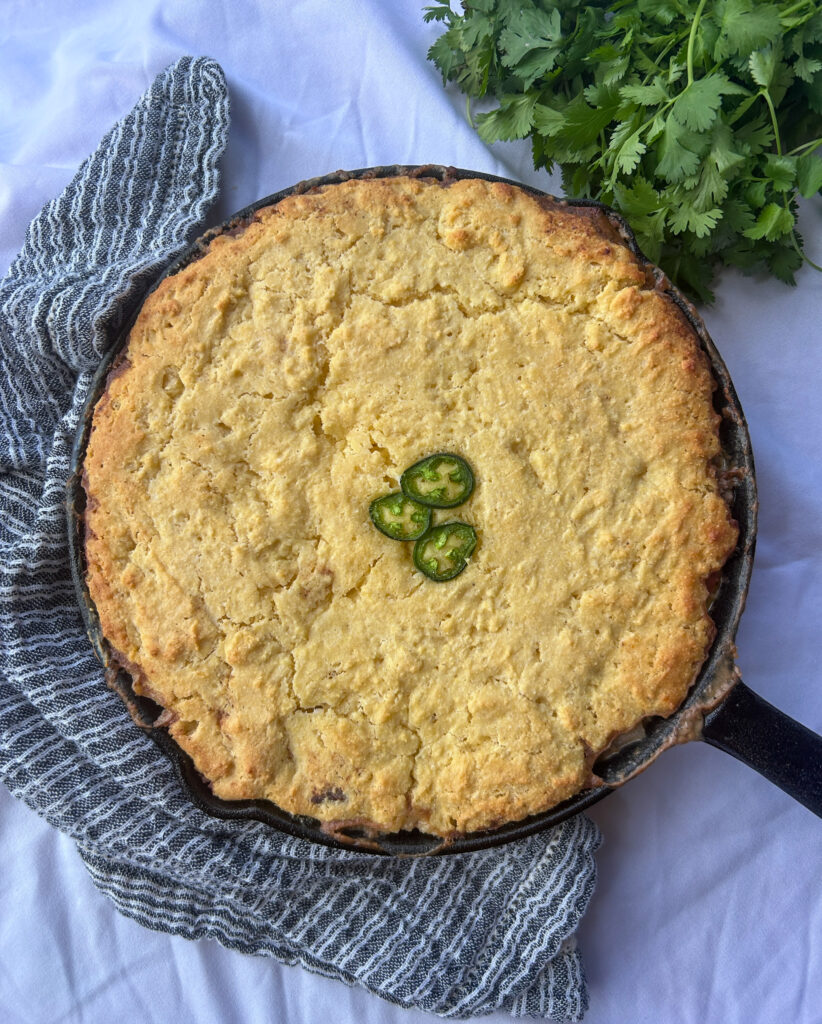 easy mexican cornbread casserole in cast iron skillet