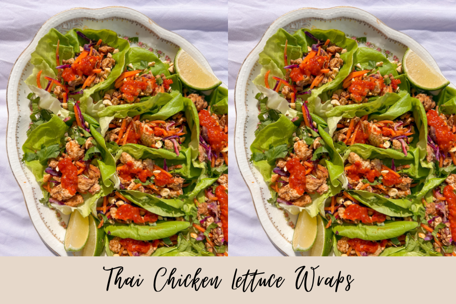 Thai chicken lettuce wraps with ground chicken, peanut flavor, and fresh toppings in lettuce cups