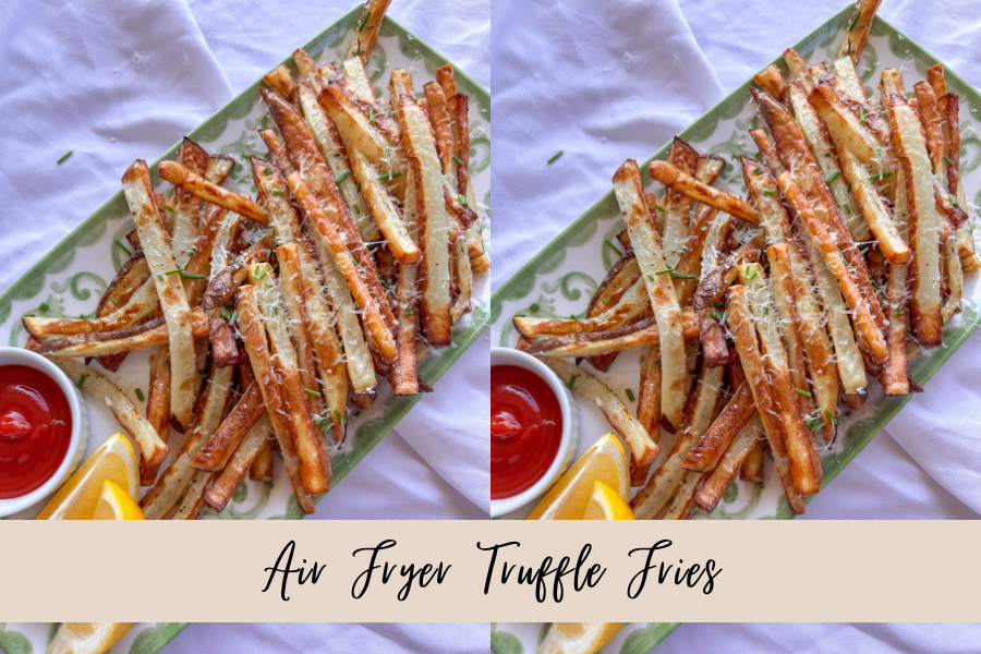 Crispy air fryer truffle fries topped with parmesan cheese, garlic, and herbs