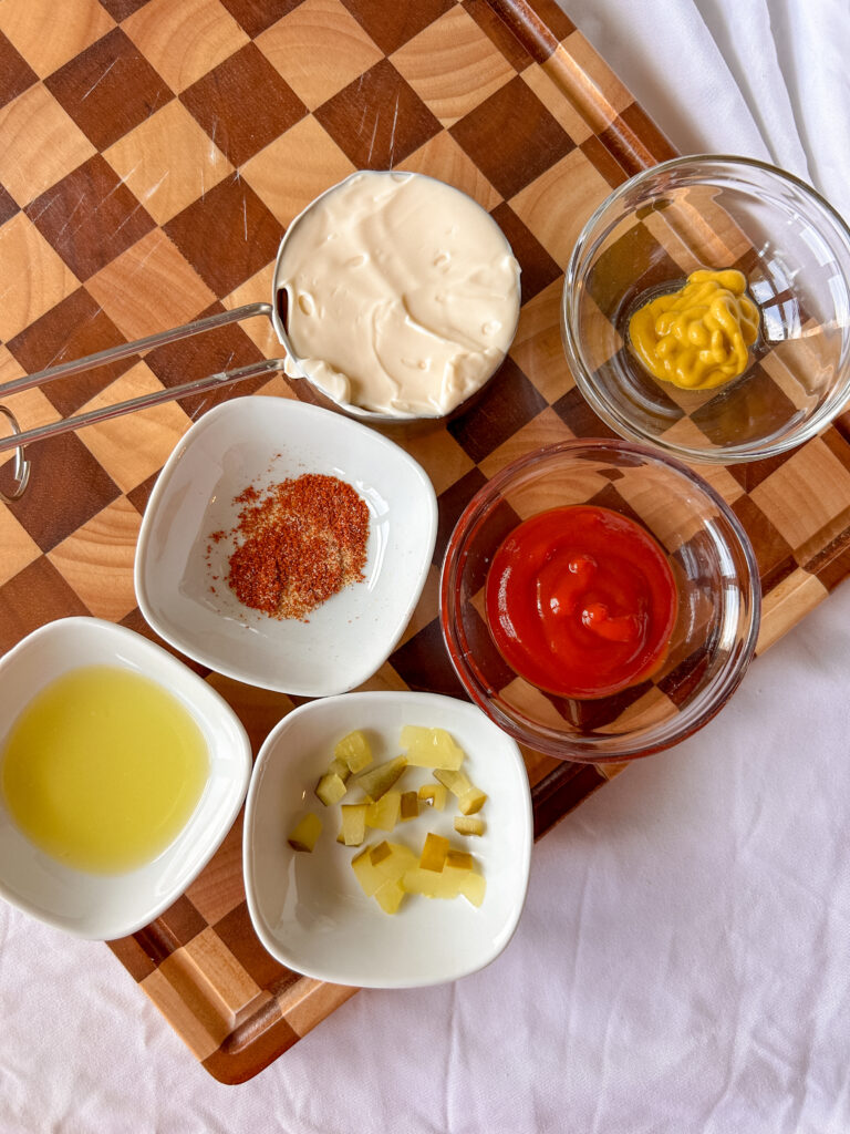 Ingredients for homemade burger sauce for cheeseburger bowls