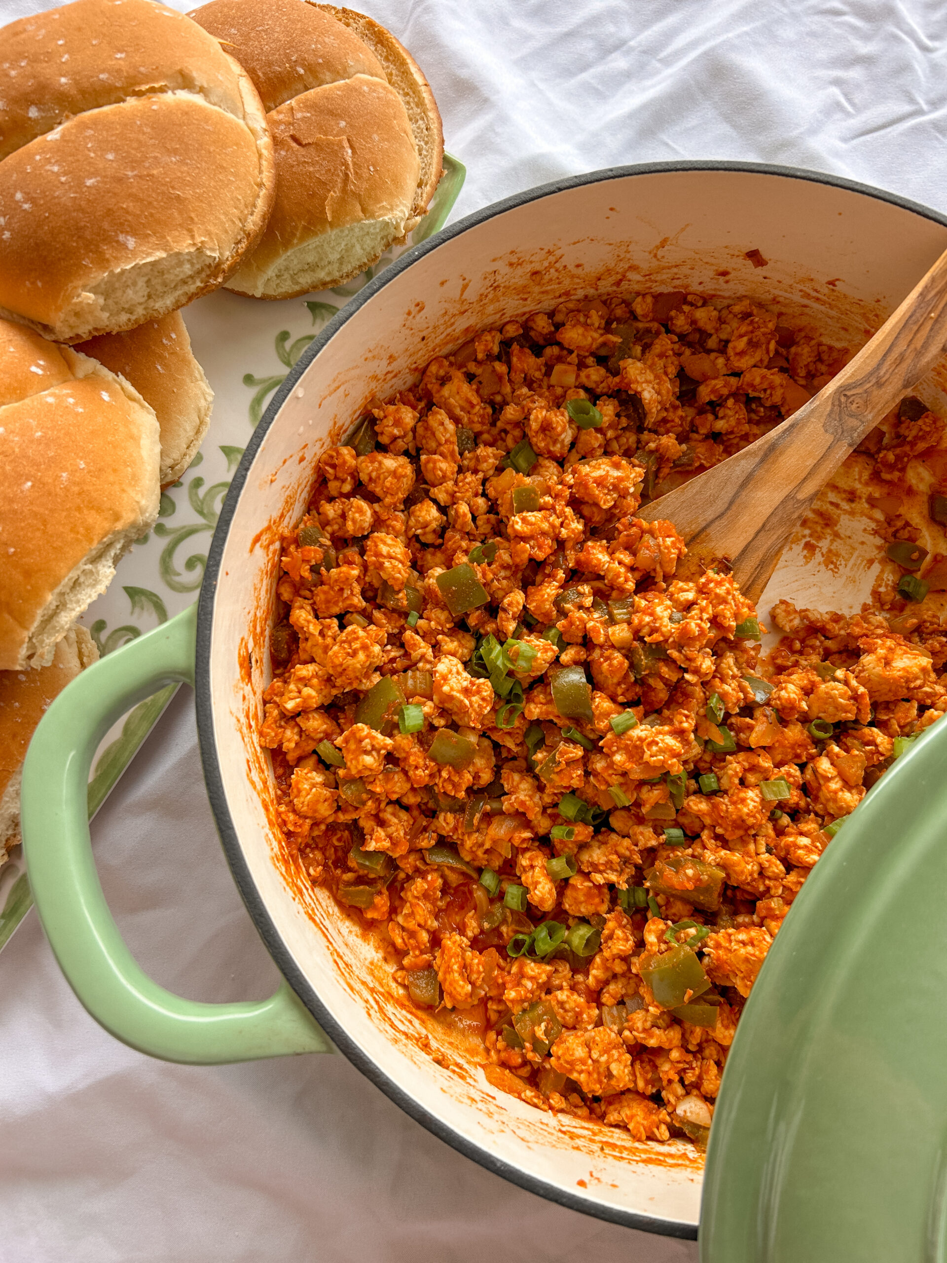 Close-up of Cajun sloppy joes with ground chicken and Cajun sauce