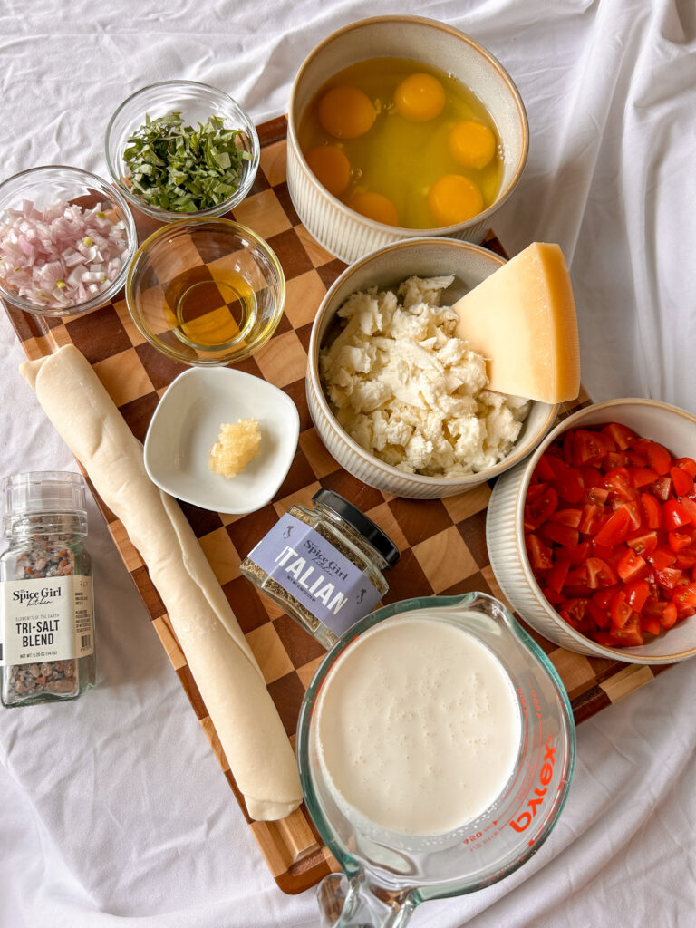 Ingredients needed for caprese quiche recipe