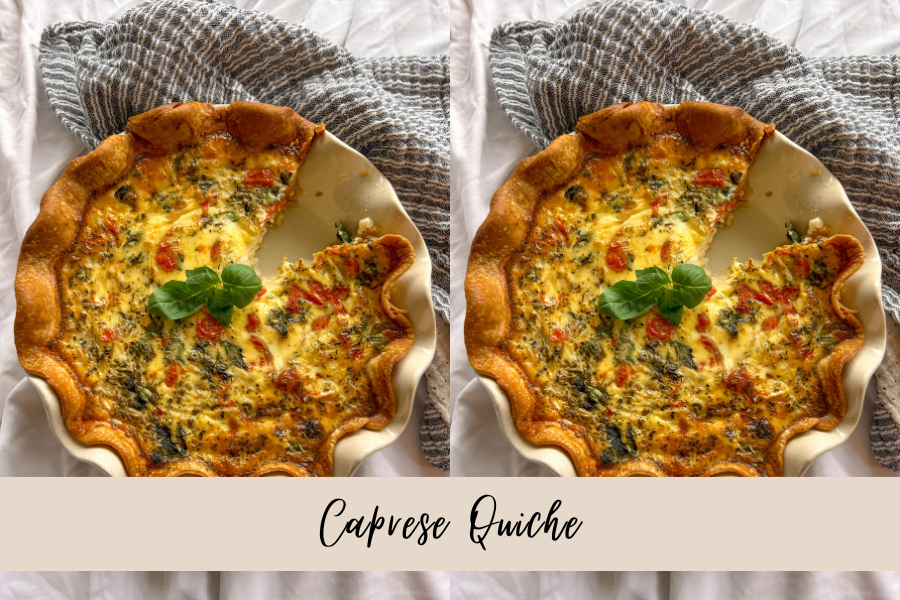 Caprese quiche recipe with roasted tomatoes mozzarella and basil