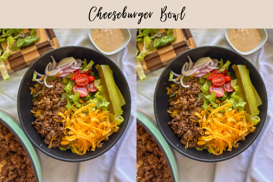 Cheeseburger bowl with seasoned beef, cheddar cheese, lettuce, pickles, and burger sauce
