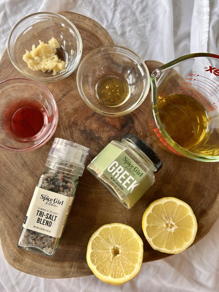 ingredients for easy greek chicken marinade with lemon garlic and herbs