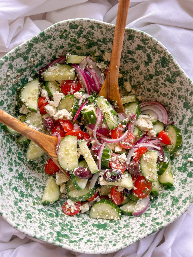 Close-up of easy Mediterranean Greek cucumber salad with feta cheese