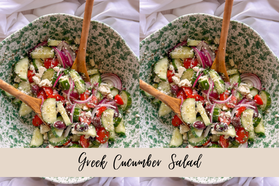 Greek cucumber salad with feta, tomatoes, olives, and homemade Greek dressing