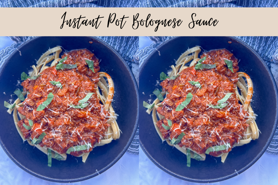 Instant Pot Bolognese sauce served over tagliatelle with Parmesan and fresh basil