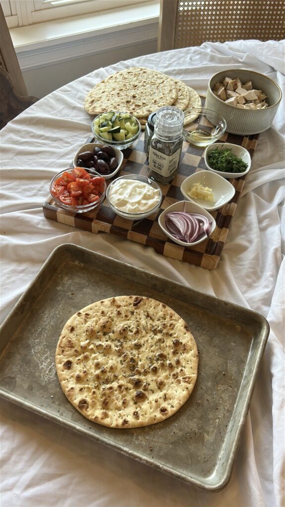 warming flatbread or pita for mediterranean flatbread
