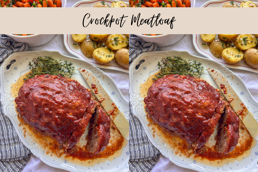 Crockpot meatloaf topped with a sweet and tangy glaze and sliced on a serving platter