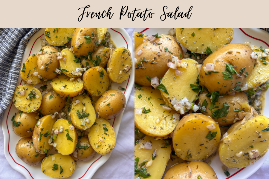 French potato salad made with baby Yukon Gold potatoes, Dijon vinaigrette, fresh herbs, and Herbes de Provence